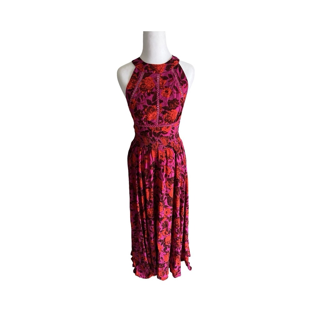 Abel the Label Pink Orange Floral Halter Midi Dress Open Back Smocked Small